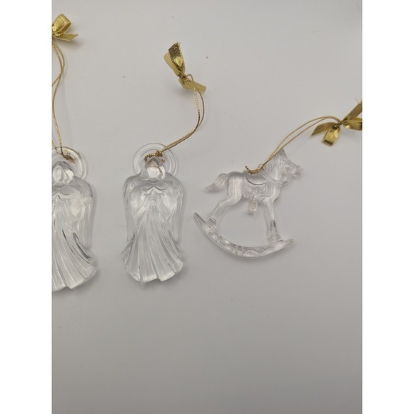 Vtg Set 4 Clear Acrylic Rocking Horse Angel Christmas Ornaments Gold‎ Bows - Picture 3 of 6